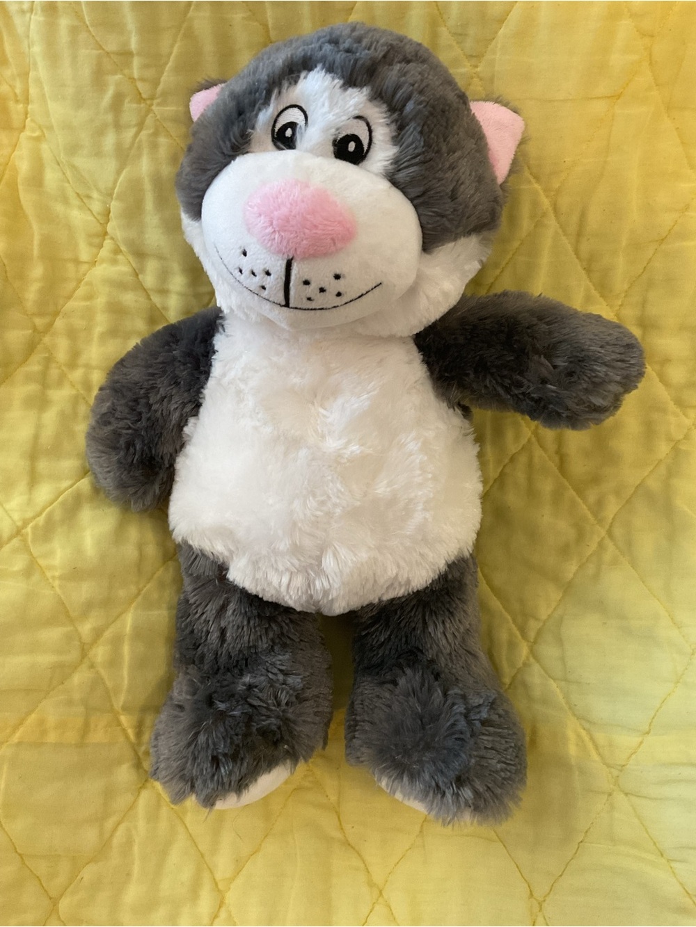 Plush Gray and White Cat Plush  Toy with Pink nose very soft &furry BIG 17”